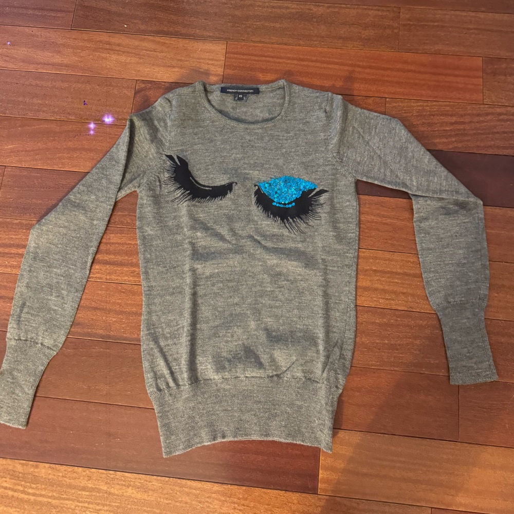 French Connection Gray Sweater with Embellished Eyelashes - 100% Merino wool